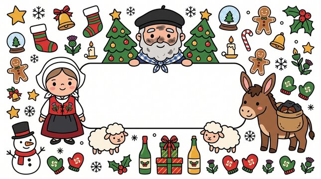 Marco navide&ntilde;o vasco con Olentzero, Mari Domingi, burro, ovejas, mu&ntilde;eco de nieve y adornos festivos, con espacio en blanco central para texto.