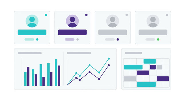 Dashboards Display Various Data Visualizations and User Profiles in a Modern, Flat Vector Design. Business Analytics and Hr Management Concept.