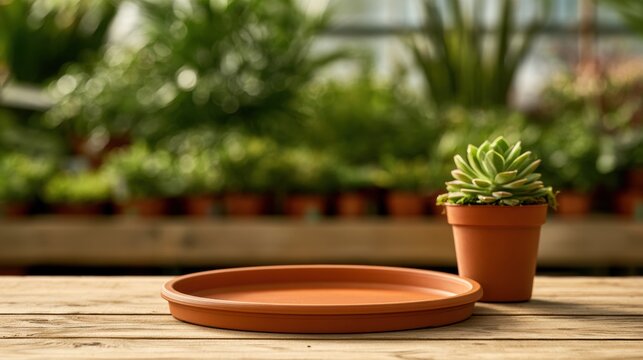 Foreground shows empty terracotta pot saucer and blurred view of plant nursery greenhouse filled with plants in the background.