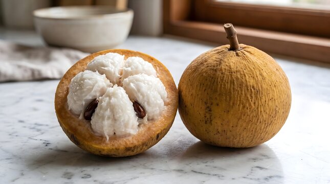 Sliced and whole santol fruit on white marble