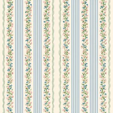 Mod&egrave;le de Papier Peint Floral Vintage Sans Couture avec Rayures Bleues et Fleurs Roses Pastel pour D&eacute;coration Int&eacute;rieure et Design Textile