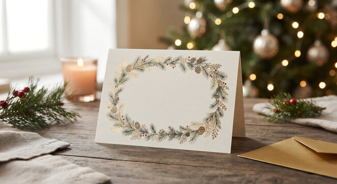 Festive Holiday Greeting Card: A blank greeting card adorned with a delicate festive wreath sits on a wooden table, hinting at seasonal well wishes and holiday cheer.