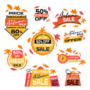 Vector illustration of orange autumn sale badges. Discount promotion design combines bold marketing style with seasonal autumn theme for business and commerce use.