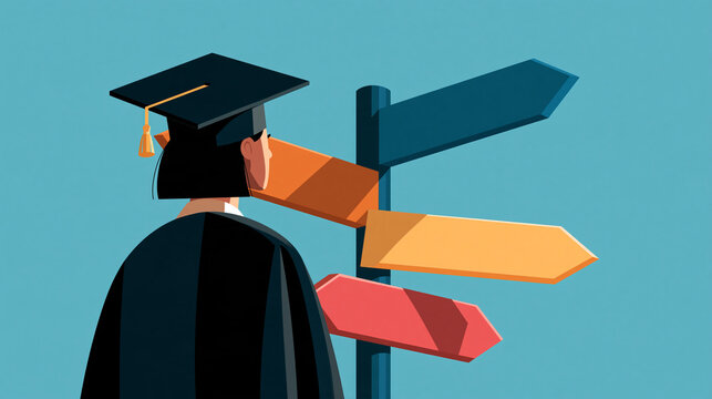 Faceless graduation student facing multiple career path choices at a crossroads signpost, future decision-making concept, with copy space