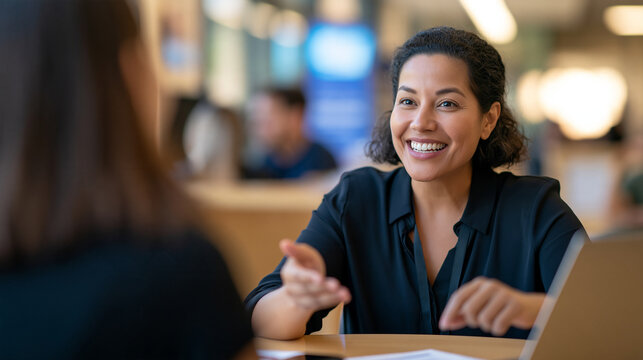 Faceless college advisor smiling warmly while engaging in a counseling session with a student at a wooden desk in an advising center, with copy space