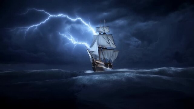 Tracking shot of sailing ship braving lightning strike while pitching on stormy open ocean at night