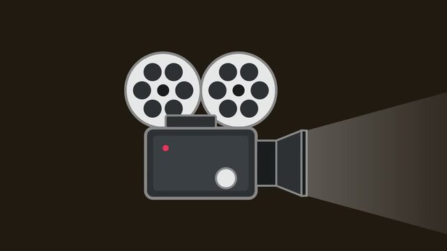 Flat Vector Movie Camera Animation Featuring Light Beam Projection for Media Production Concept and Digital Film Industry Cinematic Background
