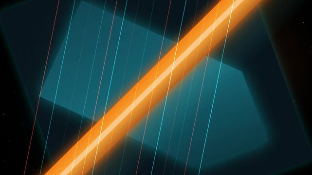 Abstract geometric layers motion loop with glowing orange diagonal light beam and neon lines