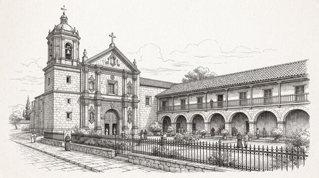 Historic colonial church and monastery drawing featuring detailed stone architecture in vintage ink style