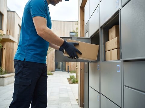 Delivery man placing a cardboard box into an automated parcel locker
