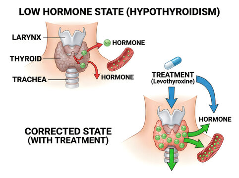 Hypothyroidism Treatment Medical Infographic Showing Low Hormone State and Corrected State with Levothyroxine Therapy Isolated on White