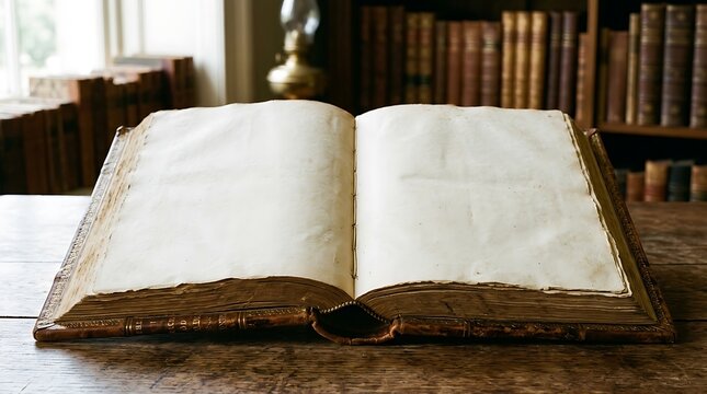 An open antique book featuring blank aged parchment pages resting on a rustic wooden table inside a library setting with bookshelves in the background.