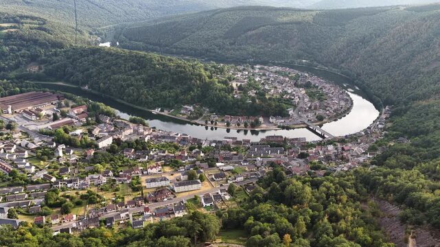 Aerial view of the Meuse river looping around the village of Montherme in France