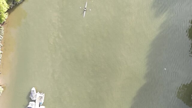 Top down aerial drone video of a rowing boat on a London lake, with calm green water, marina edge, shadows, and overhead park view.