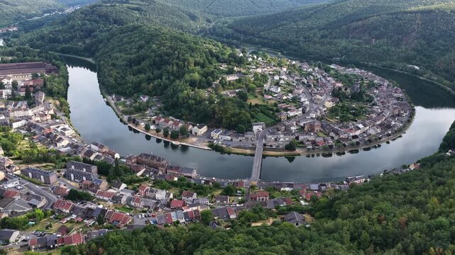 Aerial view of the Meuse River winding around the village of Montherme in France