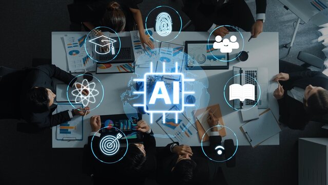 Collaborative Business Meeting Focusing on Artificial Intelligence with Visual Elements Representing Innovation and Technology in Modern Office. Entropy.