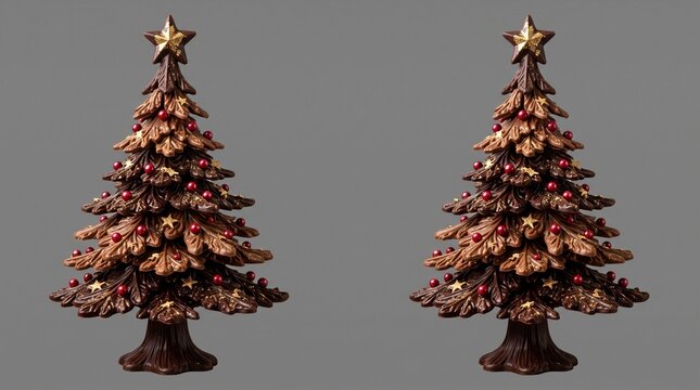 Festive chocolate Christmas trees adorned with tiny red berries and golden star toppers, perfect for holiday decorations or edible treats