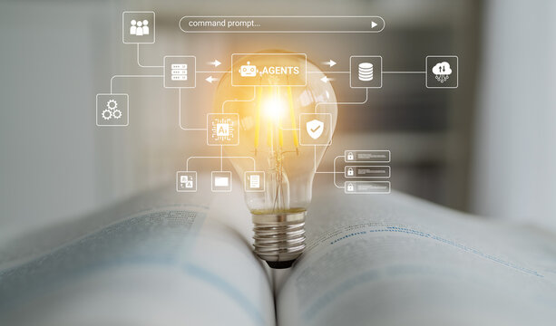 Conceptual image of a glowing light bulb on an open book with digital icons representing knowledge, technology, and innovation in modern communication systems. Glyphic.