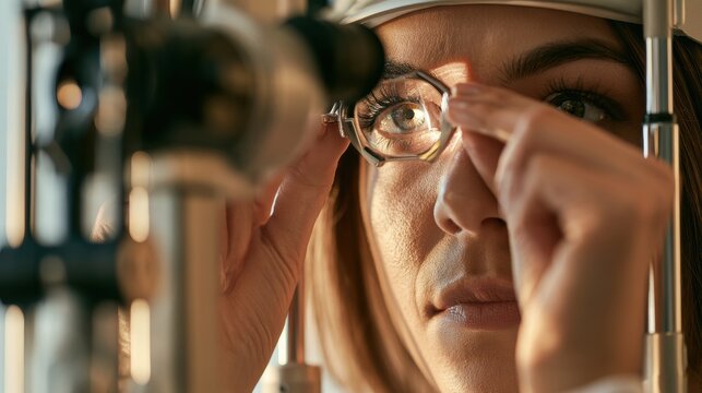 An optometrist places a trial lens frame on a patient for an eye examination in an optical clinic with slit lamp equipment in the background.