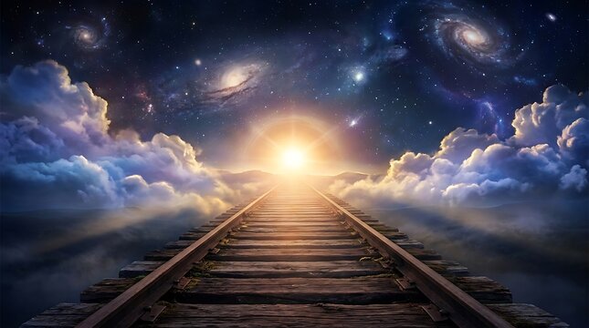 Railroad tracks vanishing into a glowing bright light amidst cosmic clouds, nebulae, stars, and galaxies in the deep universe.