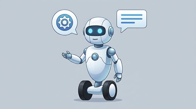 Friendly white robot assistant with blue glowing eyes gesturing alongside setting and message speech bubbles.