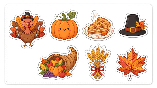 Cute Thanksgiving Sticker Set with Turkey Pumpkin Pie Pilgrim Hat and Cornucopia