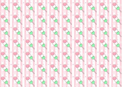 Seamless pattern featuring Japanese dango sweets and sakura flower petals.