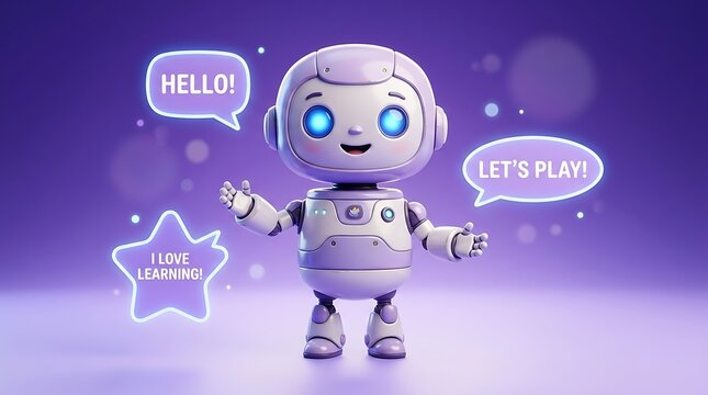 A 3D render of a friendly white and purple robot character standing against a purple gradient background, accompanied by glowing speech bubbles with hello and lets play text.