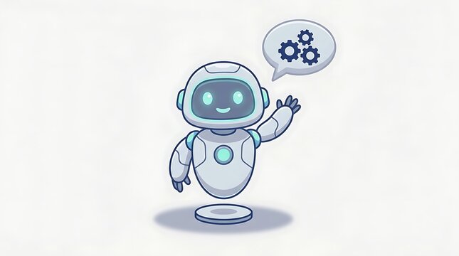 Friendly cute robot illustration waving with a cheerful gesture and speech bubble containing gears, isolated on a light background for technology concepts.