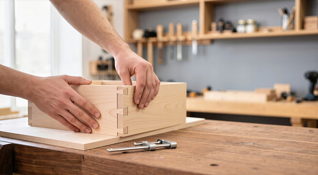 Hands assembling birch wood dovetail drawer box on a workbench. Professional carpentry and woodworking in a workshop. Handmade furniture hobby