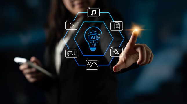 A businesswoman engages with a futuristic AI interface, symbolizing the intersection of technology and innovation in corporate settings and digital transformation. Cyphers