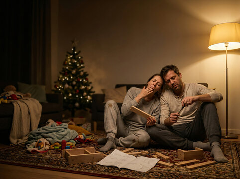 Tired couple assembling furniture by christmas tree. Late night prep.