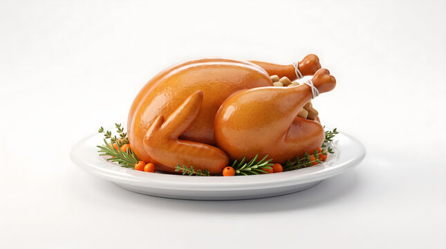Roasted Thanksgiving Turkey on White Platter 3D Illustration Isolated