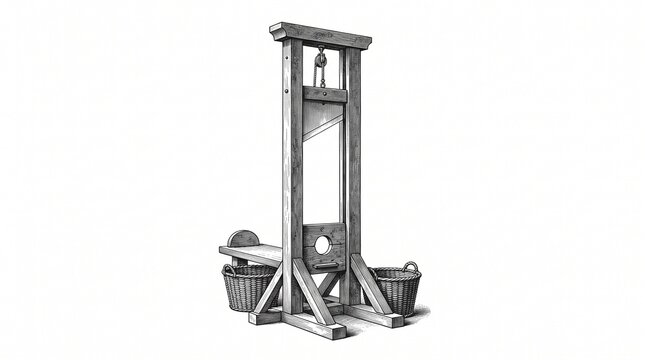 Vintage guillotine execution device depicted in detailed classic black and white engraving art style