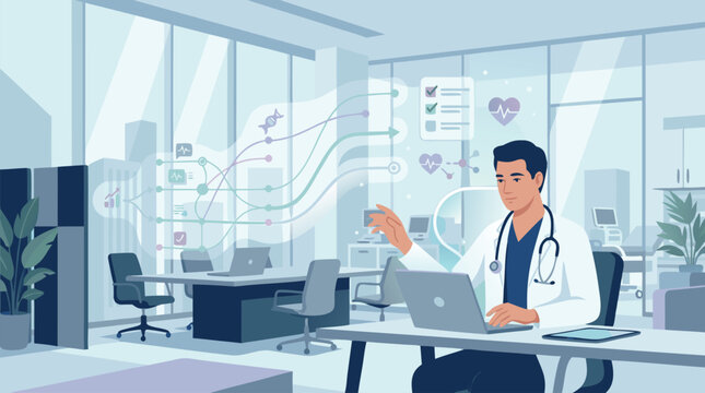 Doctor using laptop with medical data displayed on screens in modern clinic