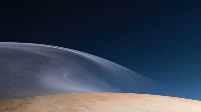 Cosmic wave of translucent light arcing over a sandy planet horizon in deep space, ethereal and quiet for astronomy and meditation backgrounds