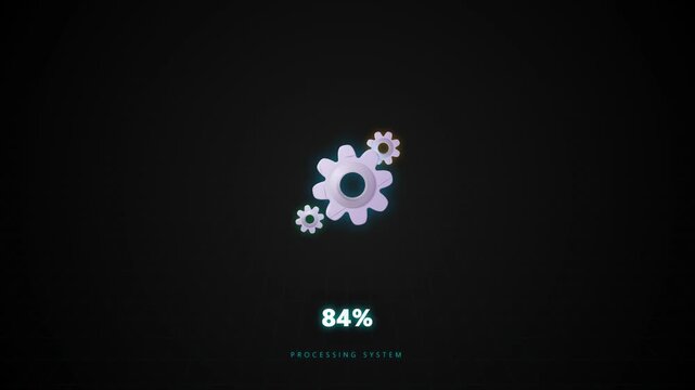 A dark, minimalist user interface displays a gear icon representing system settings.