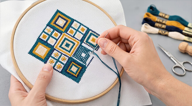 Hands cross stitching a geometric tile pattern in a wooden hoop. Close up of person embroidering with colorful thread on white canvas
