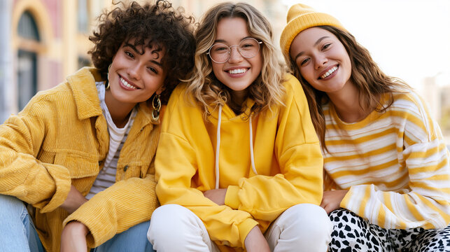 Three cheerful young female friends in colorful yellow outfits smiling together outdoors.