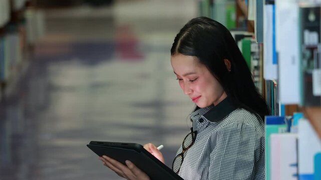 Young Asian woman studies reading book anf Siting on red chair in quiet library. Books line tall shelves behind. she holds book, calm concentration. Ideal for educational or study-themed projects