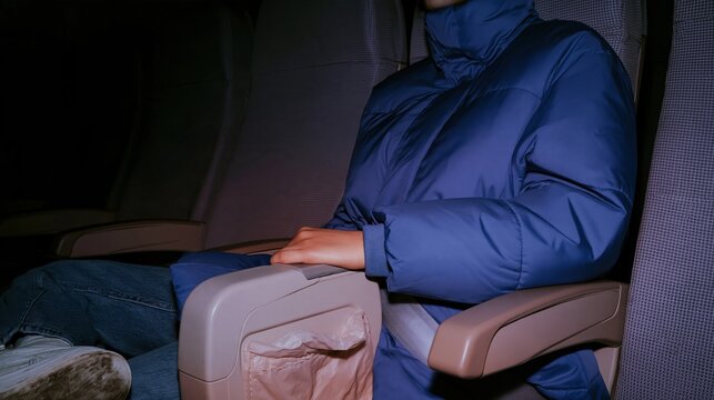 Fear of flying woman clutching an airplane seat armrest with a tense hand, muted purple tones for travel anxiety and aviophobia