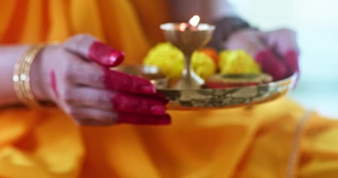 Indian Saint Mirabai Performing Aarti and Offering Prayers to Lord Krishna. Traditional Rajasthani devotional worship, Hindu temple rituals, and spiritual bhakti.
