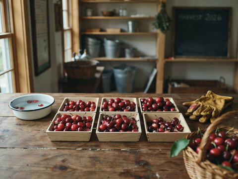 Freshly picked cherries in wooden crates on a farm table