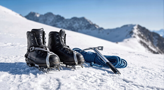 Mountaineering boots with silver crampons, blue climbing rope, and an ice axe on a snowy slope. Alpine climbing gear with snow-covered mountains in the background