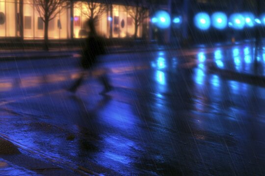 Rain soaked city street with a lone pedestrian silhouette crossing the wet road at dusk, featuring glowing neon reflections for urban backgrounds