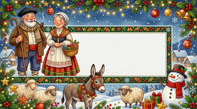 Marco navide&ntilde;o ilustrado con Olentzero, Mari Domingi, burro, ovejas, mu&ntilde;eco de nieve y adornos tradicionales, con espacio central en blanco para texto.