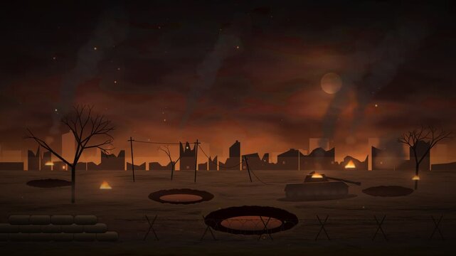 Animated war zone battlefield with burning ruined city, explosions, destroyed tank, barbed wire, smoke and embers at orange dusk, seamless loop