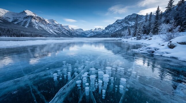 Methane Ice Bubbles Frozen Under Crystal Clear Lake Ice in Winter