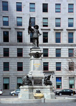 MONTREAL QUEBEC CANADA: Details of the statue of Paul de Chomedey, sieur de Maisonneuve first governor of Montreal. in front the Notre-Dame Basilica in the historic district of Old Montreal