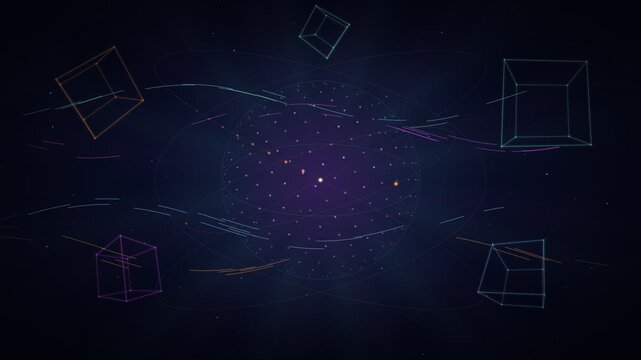 Rotating dotted globe with orbit ring, spinning wireframe cubes, Lissajous comet trail and flowing light streams on dark navy space, seamless loop background